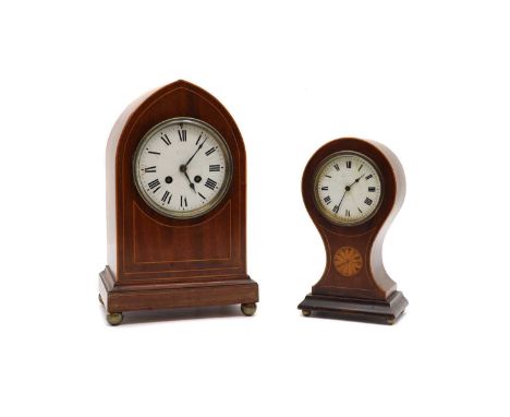 Two Edwardian mahogany inlaid mantle clocks, comprising a balloon case and a lancet case, both with enamelled dials,31cm and 
