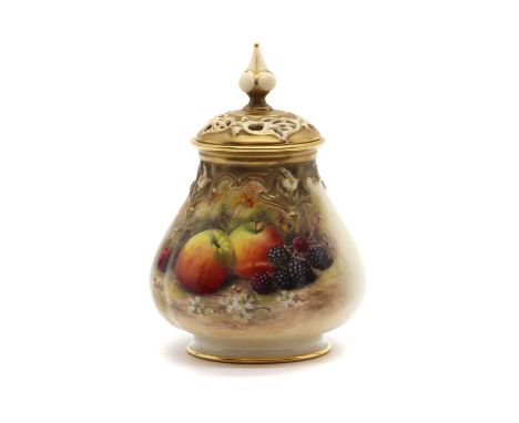 A Royal Worcester porcelain pot pourri painted by William Ricketts, decorated with fruit, signed, printed marks, no. H 291, 1