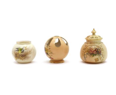 A group of Royal Worcester blush ivory porcelain comprising two potpourri, with painted flowers, printed no. H175 and 991, th