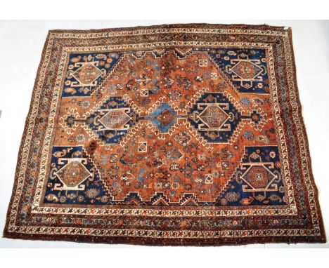 An early 20th century Persian Islamic Maleyer floor carpet rug having central cobalt blue &amp; light blue united medallions 