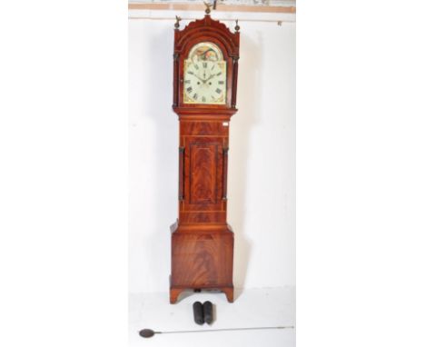 A George III 18th century flame mahogany long case grandfather clock having moon face action with a maritime theme over two h