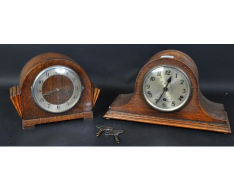 A 1940’s dome top oak cased Westminster chime mantel clock with silvered dial and Arabic numbers to the chapter ring. Togethe