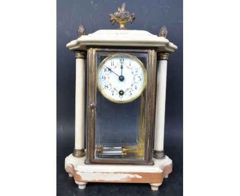 Early 20th century 24hour portico mantel clock. Enamel foliate decorated dial with Arabic number chapter ring having mercury 