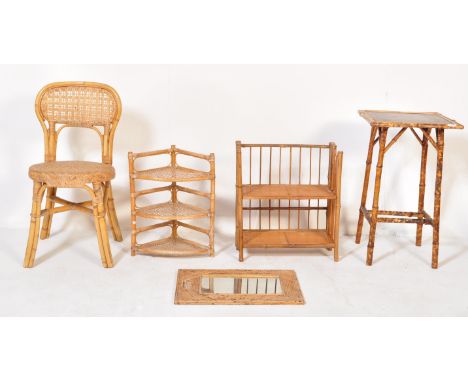 An assortment of five retro vintage 20th century wicker bamboo items. The lot to include a tall oriental style enamelled top 