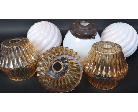 A collection of retro vintage mid 20th Century glass ceiling / wall light lamp shades. A matching pair of pink swirl shades, 