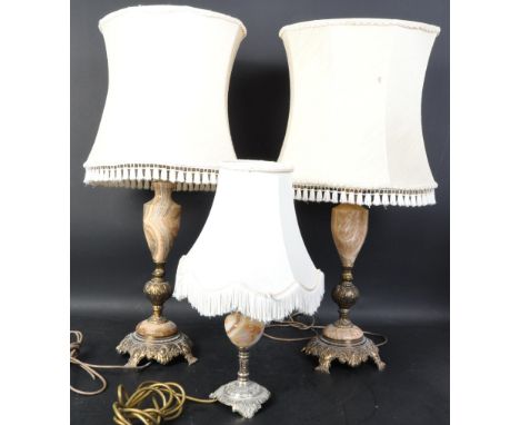 A set of three retro vintage 20th century circa 1980s marble &amp; brass table lamps with shades. The lot to include a pair o