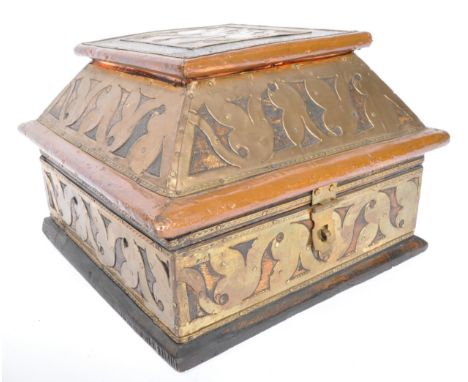 Unusual believed 19th Indian brass casket. Wooden bound with pierced and lattice worked adorned brass casket raised on finial