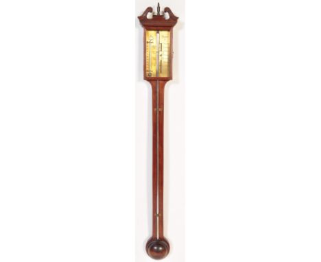 A mid-20th century George III design mahogany stick barometer, with broken arch pediment over an engraved brass scale marked 