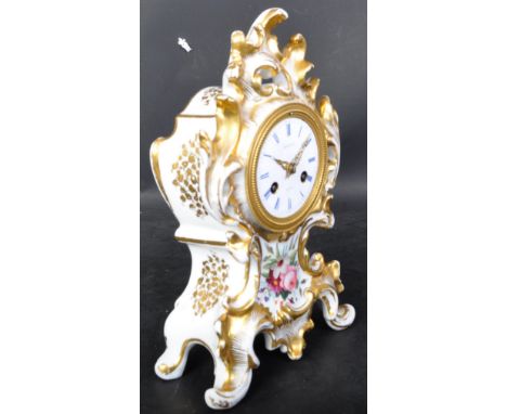 A 19th Century French porcelain ceramic mantel striking clock. With gilt decoration on a white ground, curved foliate design 