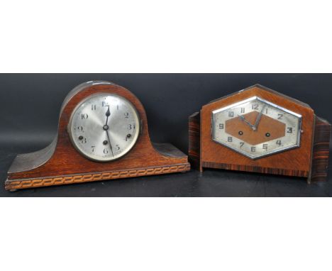 Two vintage Art Deco era circa. 1930's mantel clocks,. The first having Arabic numeral to chapter ring with hexagonal face in