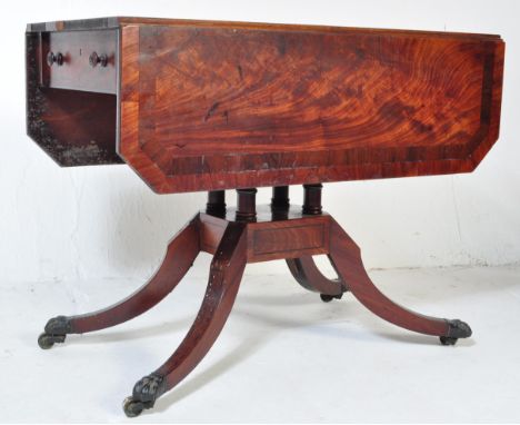 An 18th century George III mahogany sofa table desk. The table having a squared flared top over two side drawers, raised on a