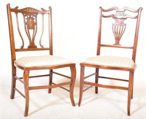 Two early 20th century Edwardian circa. 1910's inlaid bedroom chairs. The first having shaped swan neck top rail and both hav
