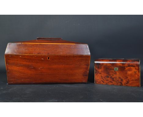 19th Century sarcophagus top mahogany tea caddy (af) together with a burr walnut dome top caddy box having monogram atop. Mea