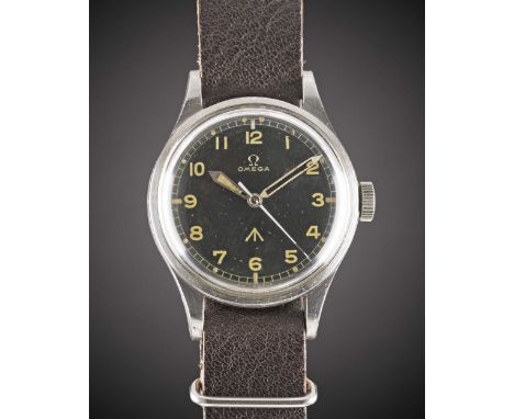 A RARE GENTLEMAN'S STAINLESS STEEL ROYAL RHODESIAN AIR FORCE MILITARY OMEGA PILOTS WRIST WATCHCIRCA 1950s, REF. 2777-1 SC WIT