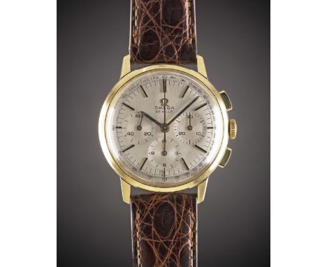 A GENTLEMAN'S 18K SOLID GOLD OMEGA DE VILLE CHRONOGRAPH WRIST WATCHCIRCA 1968, REF. 141.010-67 WITH BRUSHED SILVER TACHYMETRE