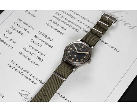 A RARE GENTLEMAN'S STAINLESS STEEL BRITISH MILITARY OMEGA RAF PILOTS WRIST WATCHDATED 1953, REF. 2777-1 SC WITH ORIGINAL "THI