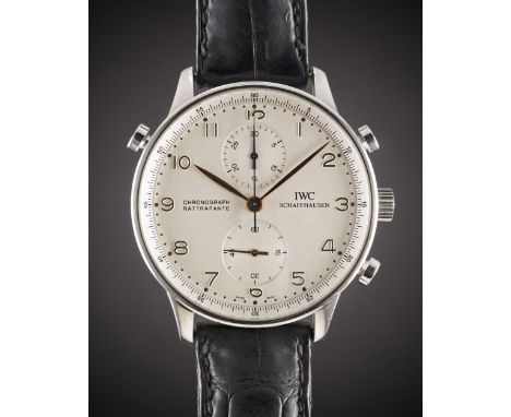 A GENTLEMAN'S STAINLESS STEEL IWC PORTUGUESE RATTRAPANTE CHRONOGRAPH WRIST WATCHCIRCA 2000s, REF. IW3712-02Movement: Manual w