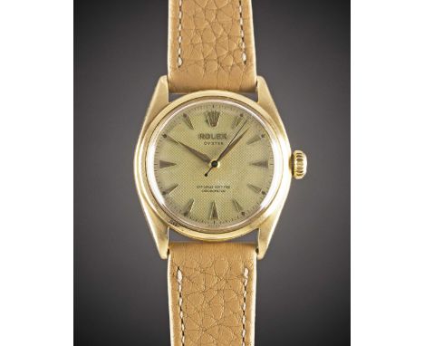 A RARE GENTLEMAN'S 18K SOLID GOLD ROLEX OYSTER OFFICIALLY CERTIFIED CHRONOMETER WRIST WATCHCIRCA 1948, REF. 4365 WITH "HONEYC