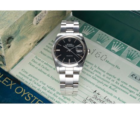 A GENTLEMAN'S STAINLESS STEEL ROLEX OYSTER PERPETUAL AIR KING DATE BRACELET WATCHDATED 1989, REF. 5700N WITH BLACK DIAL, ACCO