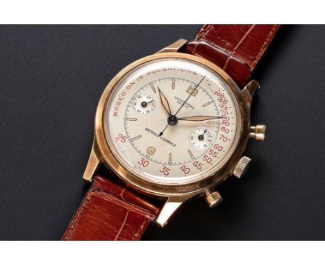 A VERY RARE GENTLEMAN'S LARGE SIZE 14K SOLID GOLD UNIVERSAL GENEVE MEDICO COMPAX "WATERPROOF" CHRONOGRAPH WRIST WATCHCIRCA 19