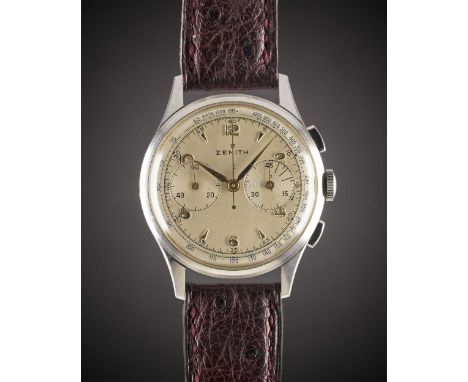 A GENTLEMAN'S STAINLESS STEEL ZENITH EXCELSIOR PARK CHRONOGRAPH WRIST WATCHCIRCA 1950sMovement: Manual wind, Excelsior Park b