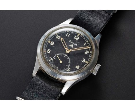 A VERY RARE GENTLEMAN'S STAINLESS STEEL BRITISH MILITARY GRANA W.W.W. WRIST WATCH CIRCA 1945, THE RAREST OF THE "DIRTY DOZEN"