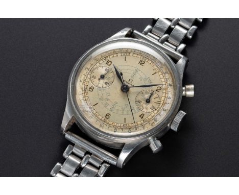 A VERY RARE GENTLEMAN'S LARGE SIZE STAINLESS STEEL OMEGA "33.3" "WATERPROOF" CHRONOGRAPH BRACELET WATCHCIRCA 1939, STEPPED CA