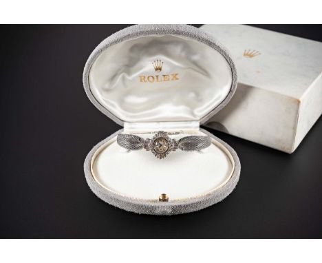 A FINE LADIES 18K SOLID WHITE GOLD & DIAMOND ROLEX PRECISION COCKTAIL BRACELET WATCHCIRCA 1960, REF. 1 9580 ACCOMPANIED BY RO
