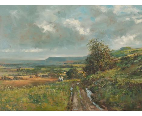   SUSSEX DOWNS, VIEW TO CHANCTONBURY RING Signed lower right, oil on canvas  74.5cm x 100cm (29.25in x 39.25in)   