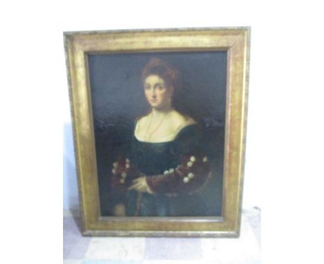 A large "Grand Tour" oil painting in gilt frame after Tiziano Vecellio "Portrait of a Woman" ( original in Galleria Palatina 