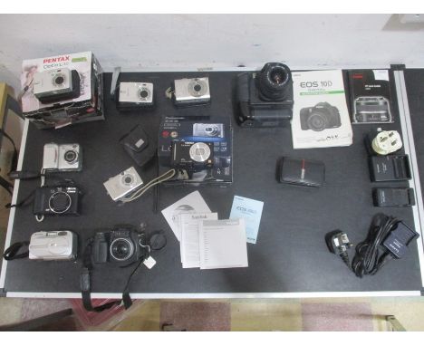 A selection of vintage cameras binoculars and accessories including Canon, Lumix, Pentax, Nikon, Fujifilm, Kodak 