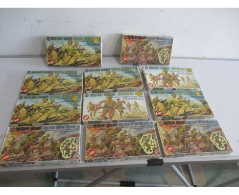 Eleven boxed (unchecked) Airfix 1:32 model soldier kits including two British 8th Army, four British Infantry and five German