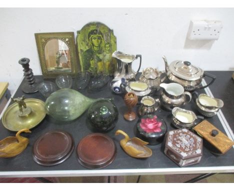A collection of interesting items and glassware including ceramic silver coloured part tea service, a milk churn etc.