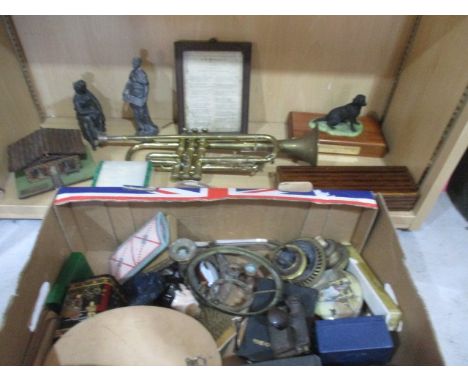 A collection of miscellaneous items including a brass trumpet, cigarette box, lacquer box etc.