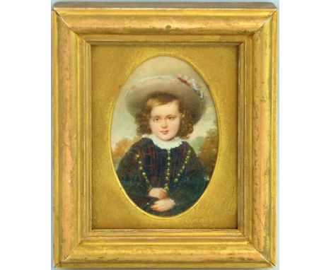 19th century English school, portrait of a boy with hat, oval watercolour, unsigned, 8.5 x 5.5cm, gilt frame