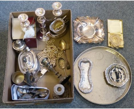 An electroplated three piece tea service, a candle extinguisher and tray and other plated wares