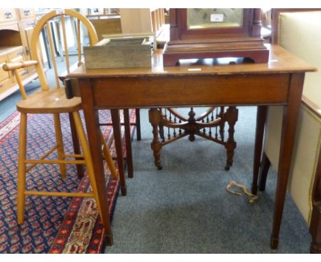 An Edwardian walnut sidetable with two swivel drawers, 77cjm wide, a child's beech and elm seat stick back high chair and a s