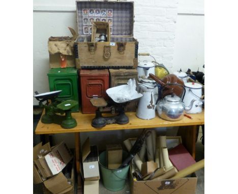 Enamelled kitchen ware, psalter, scales, Tilly lamps, vintage sewing machine, various unframed prints, metal containers etc.