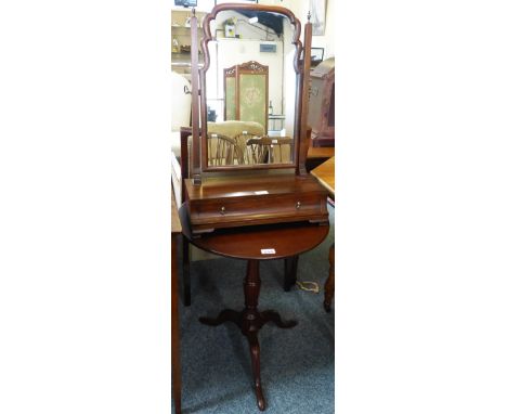 A Georgian style mahogany swing toilet mirror, 44cm wide and a mahogany tilt-top tripod table, 52cm diameter (2)
