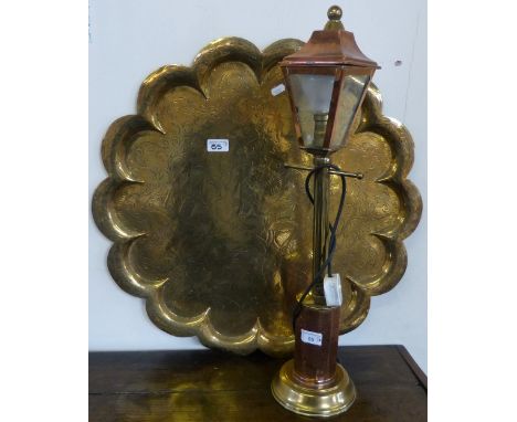 A brass and copper table lamp in the form of a street light together with a brass tray (2)