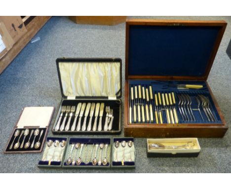 A silver set of teaspoons London 1906, case, an electroplated part canteen of cutlery and other flatware