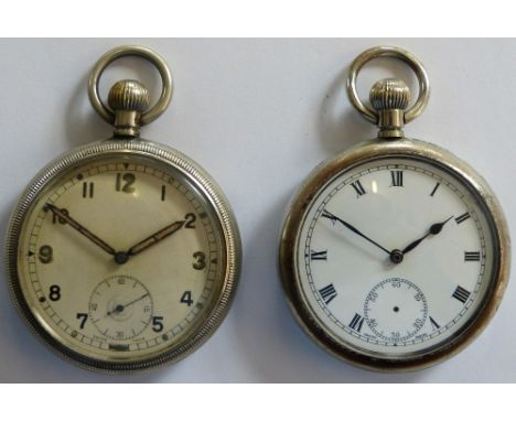 Two military open face keyless wind pocket watches, Pathfinder arrow, G.S.T.P., T11569 and G.S./TP086187, Bravingtons (2)