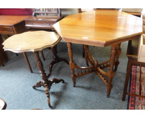 A 19th century mahogany shaped oval tripod table with spiral twist column, 53cm wide and an Edwardian walnut octagonal occasi