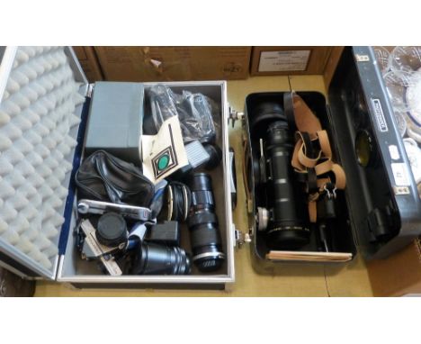 A Zenith Photo Sniper telephoto lens together with cased camera accessories and a Praktica MTL 50 camera (2)