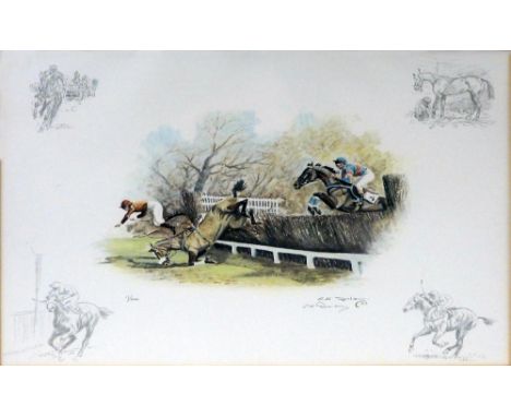 20th century, horse racing with fence, limited edition print dated 83, 15/500,  36 x 56cm, oak frame