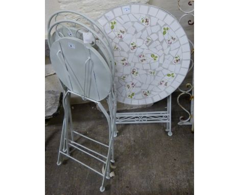 A folding tile topped garden table, together with two matching chairs (3)