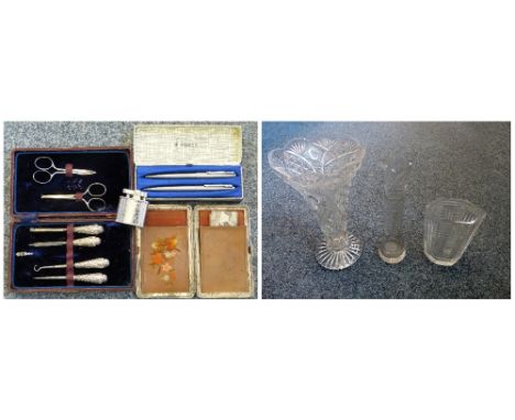 An Edwardian silver four piece manicure set Birmingham 1905, case, a Parker biro and pencil set, a lighter, a wallet and thre