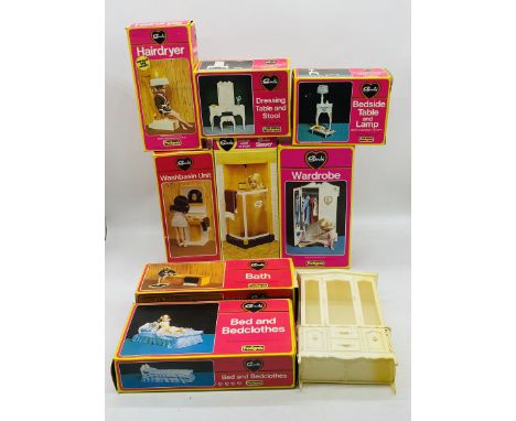 A collection of eight vintage boxed Pedigree Sindy accessories including Washbasin Unit, Hairdryer, Shower, Bath, Wardrobe, B