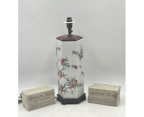 Two boxes of Minton Fireplace Tiles along with an oriental lamp (one base "leg" missing)