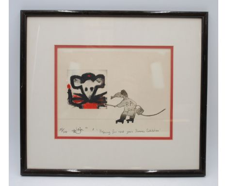 A framed limited edition modern signed print of a mouse painting a self-portrait, entitled 'Preparing For Next Years Summer E
